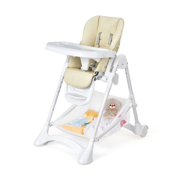 Baby Convertible Folding Adjustable High Chair with Wheel Tray Storage Basket -BeigeCostway Gallery View 9 of 14