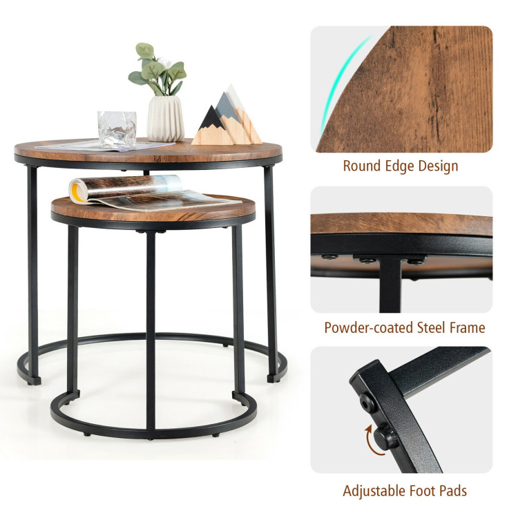 Set of 2 Modern Round Stacking Nesting Coffee Tables for Living Room-Rustic BrownCostway Gallery View 12 of 12