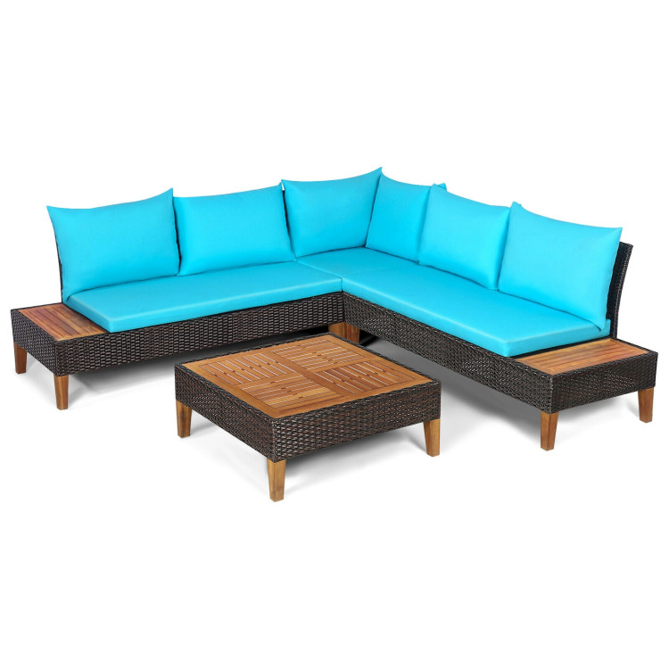 4 Pieces Patio Cushioned Rattan Furniture Set with Wooden Side Table-TurquoiseCostway Gallery View 3 of 9