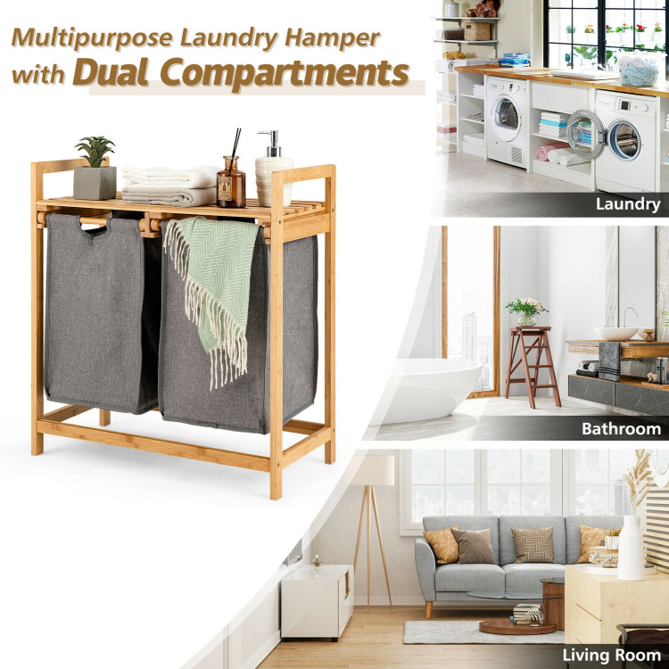 Bamboo Laundry Hamper with Dual Compartments Laundry Sorter and Sliding Bags-NaturalCostway Gallery View 5 of 11