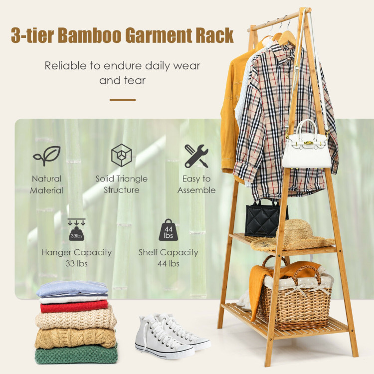Bamboo Clothes Hanging Rack with 2-Tier Storage Shelf for Entryway Bedroom-NaturalCostway Gallery View 9 of 10