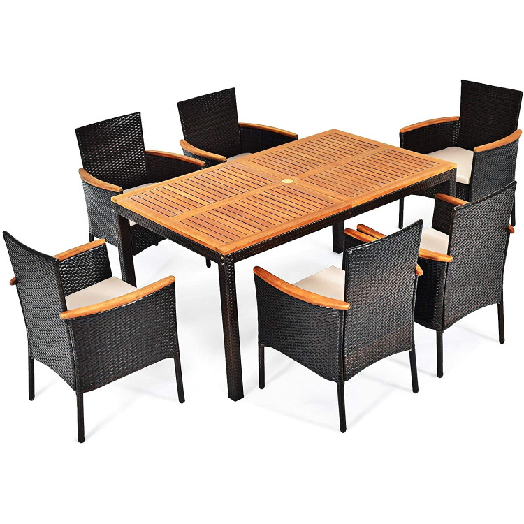 7 Pieces Patio Rattan Dining Set with Armrest Cushioned Chair and Wooden TabletopCostway Gallery View 3 of 12