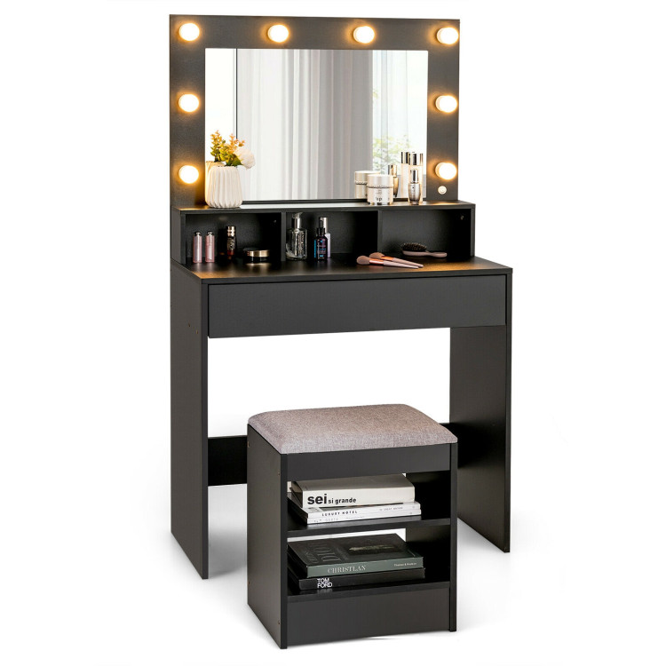 Vanity Table Set with Lighted Mirror and Cushion Stool-BlackCostway Gallery View 7 of 11