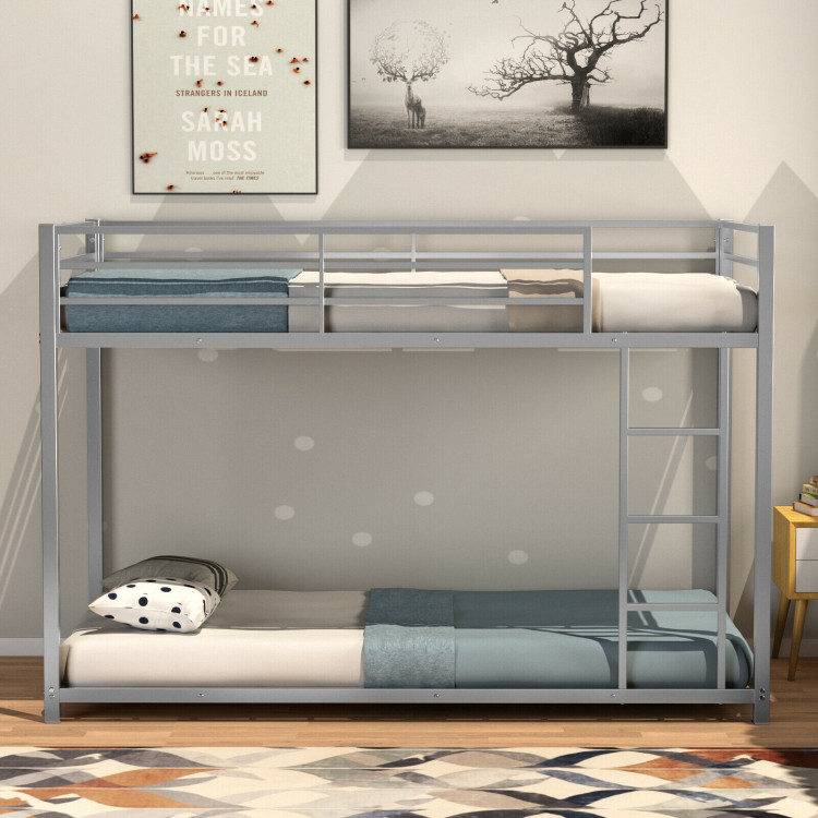 Sturdy Metal Bunk Bed Frame Twin Over Twin with Safety Guard Rails and Side Ladder-SilverCostway Gallery View 7 of 13