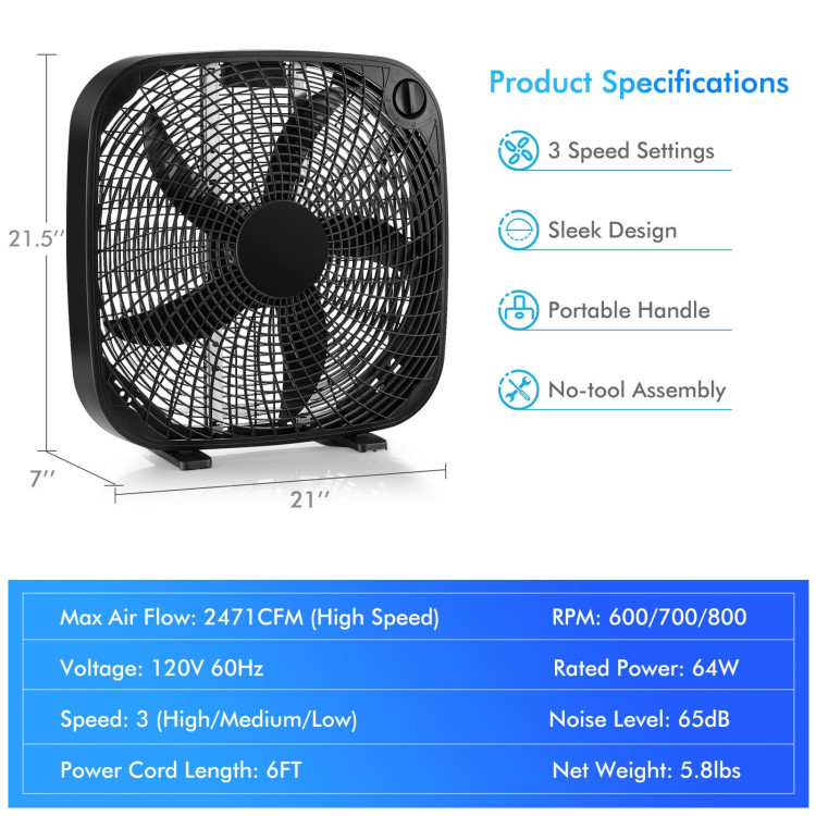 20 Inch Box Portable Floor Fan with 3 Speed Settings and Knob Control-BlackCostway Gallery View 4 of 10