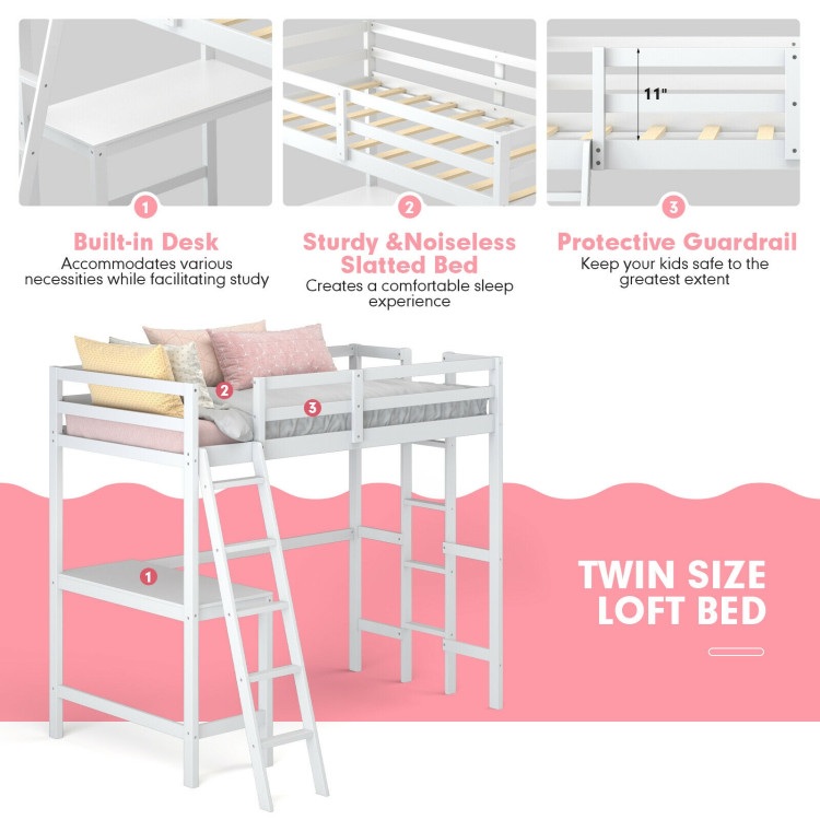 Twin Size Loft Bed Frame with Desk Angled and Built-in Ladder-WhiteCostway Gallery View 12 of 12