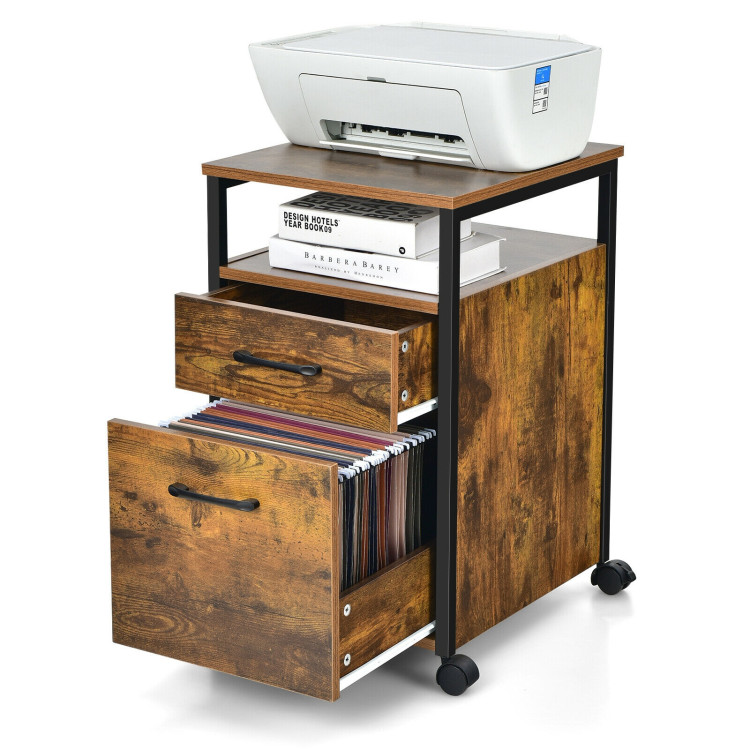 2 Drawer Mobile File Cabinet Printer Stand with Open Shelf for Letter Size-Rustic BrownCostway Gallery View 9 of 11