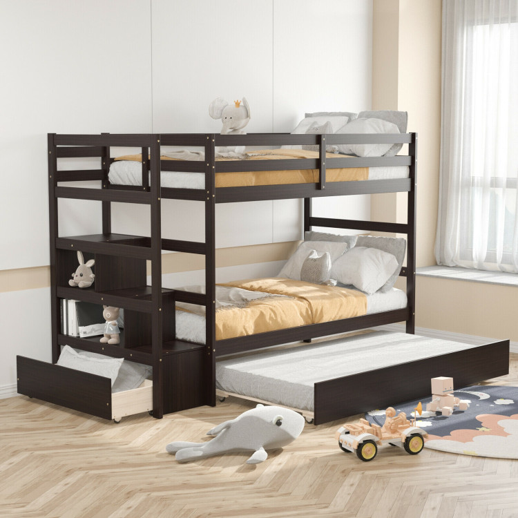Twin Over Twin Bunk Bed with Storage Shelf and Drawer-Dark BrownCostway Gallery View 2 of 9