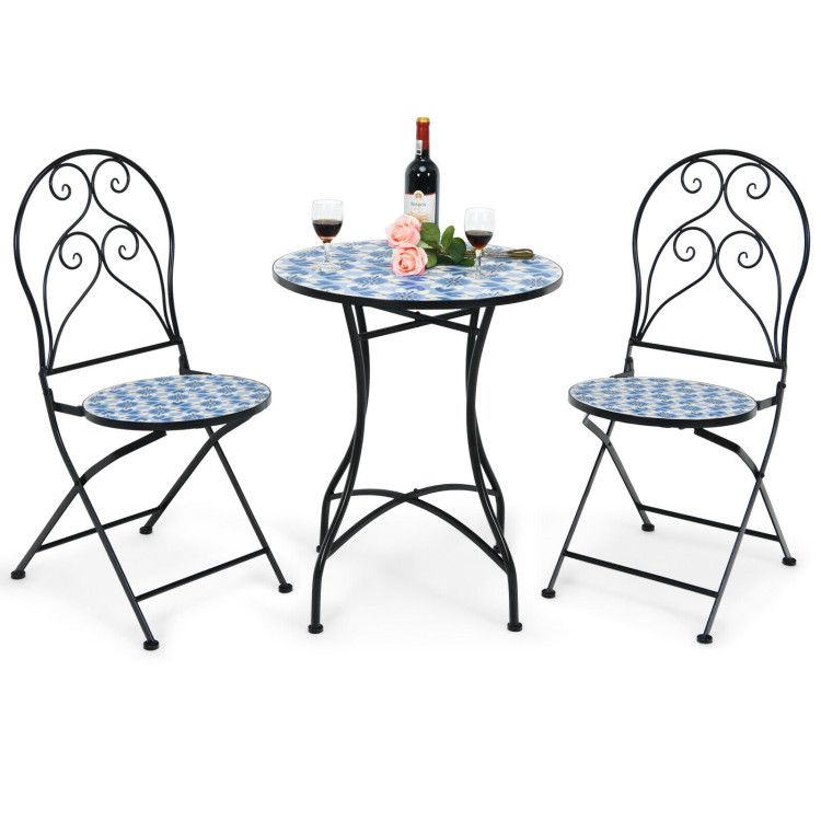 2 Pieces Patio Folding Mosaic Bistro Chairs with Blue Floral PatternCostway Gallery View 9 of 10