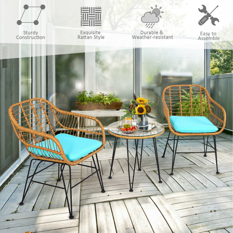 3 Pieces Rattan Furniture Set with Cushioned Chair Table-TurquoiseCostway Gallery View 9 of 11
