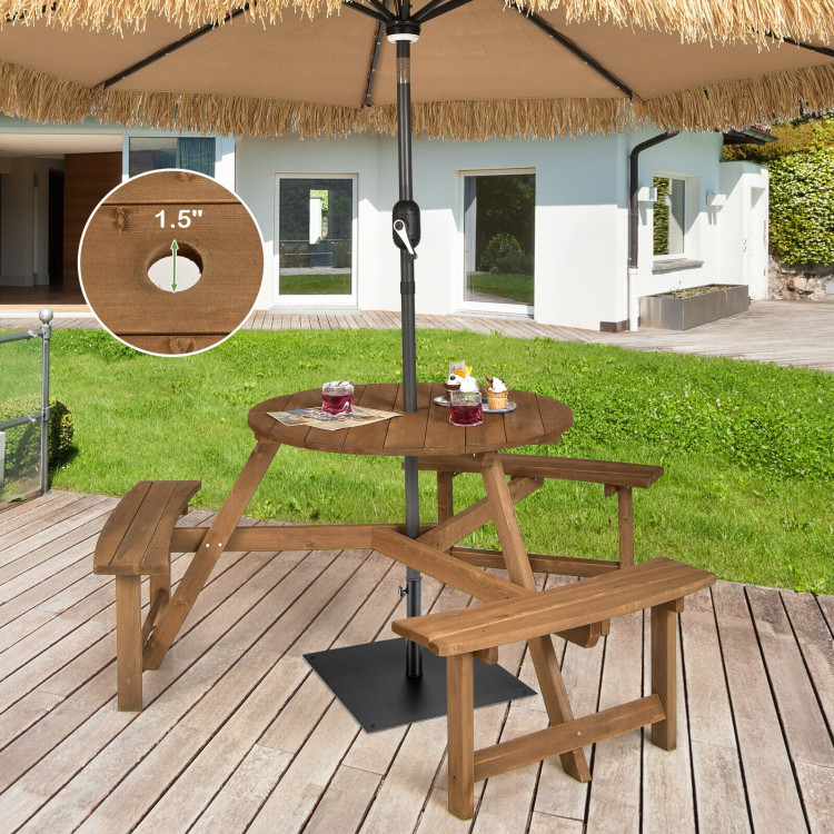 6-person Round Wooden Picnic Table with Umbrella Hole and 3 Built-in Benches-Dark BrownCostway Gallery View 7 of 10