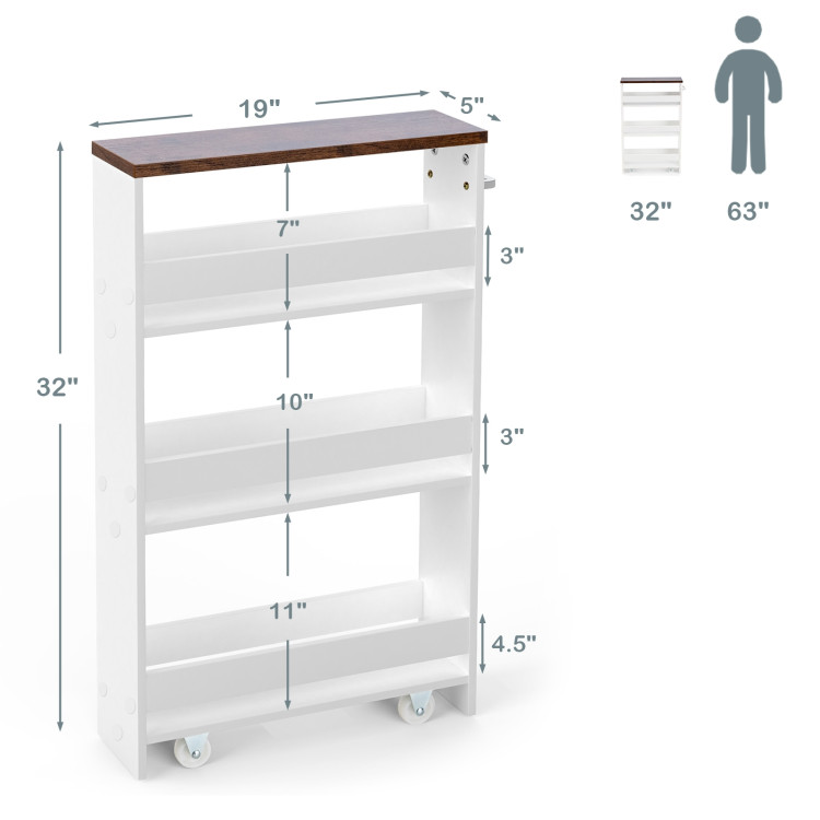 Rolling Kitchen Slim Storage Cart Mobile Shelving Organizer with Handle-WhiteCostway Gallery View 4 of 9