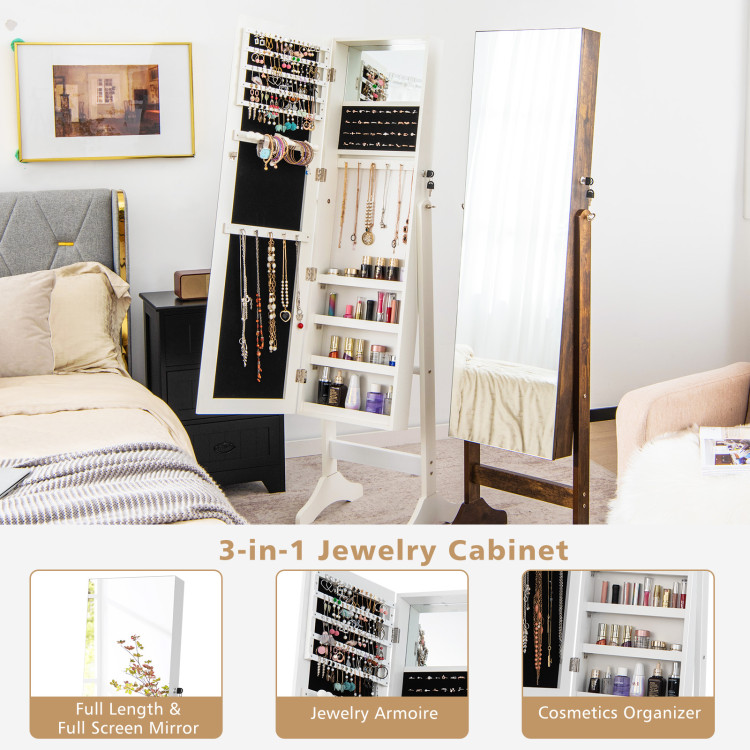 Adjustable Standing Jewelry Cabinet with Full Length Mirror-White - Gallery View 7 of 11