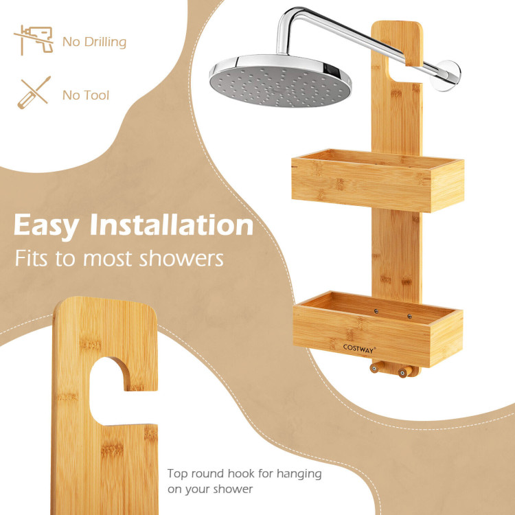 2-Tier Bamboo Hanging Shower Caddy Bathroom Shelf with 2 Hooks-NaturalCostway Gallery View 3 of 10