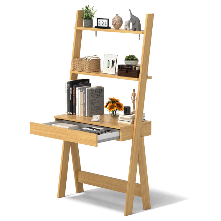 Ladder Shelf Desk Bookcase with Countertop, Drawer and 2 Shelves-NaturalCostway Gallery View 4 of 10