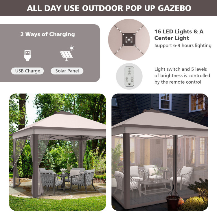 11 x 11 Feet Portable Outdoor Patio Folding Gazebo with Led Lights -BeigeCostway Gallery View 10 of 11