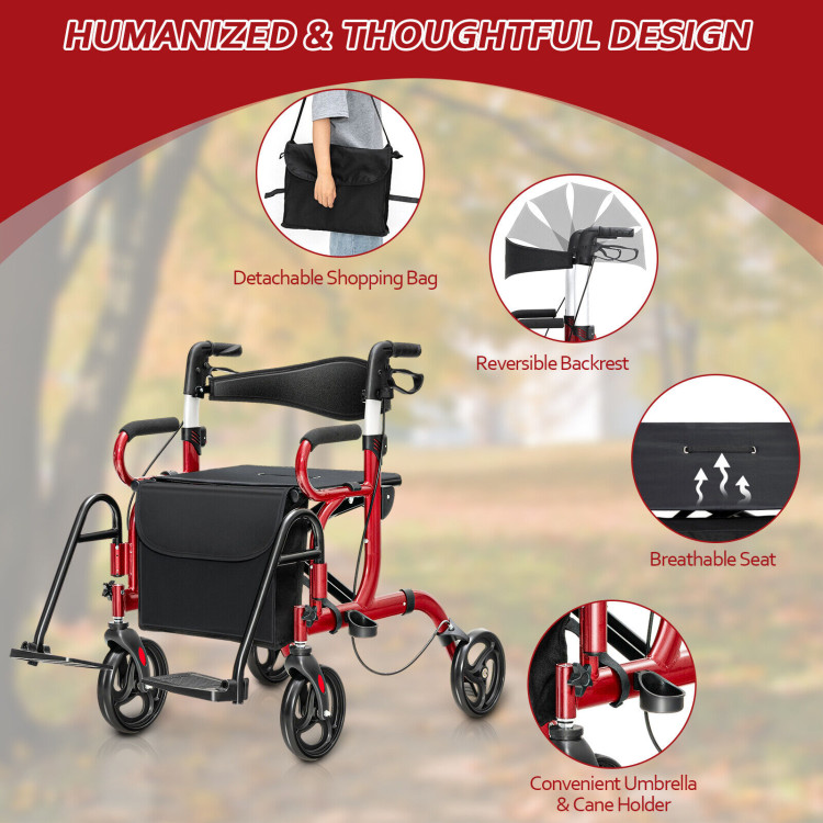 Folding Rollator Walker with 8-inch Wheels and Seat-RedCostway Gallery View 8 of 10