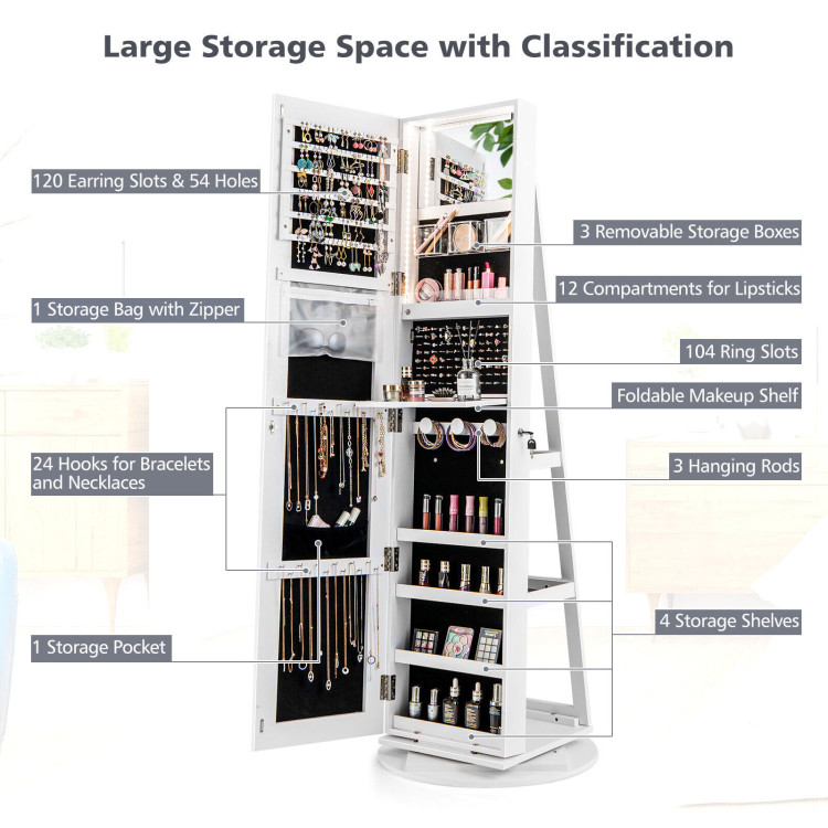 360° Rotating Mirrored Jewelry Cabinet Armoire 3 Color LED Modes Lockable-WhiteCostway Gallery View 9 of 10