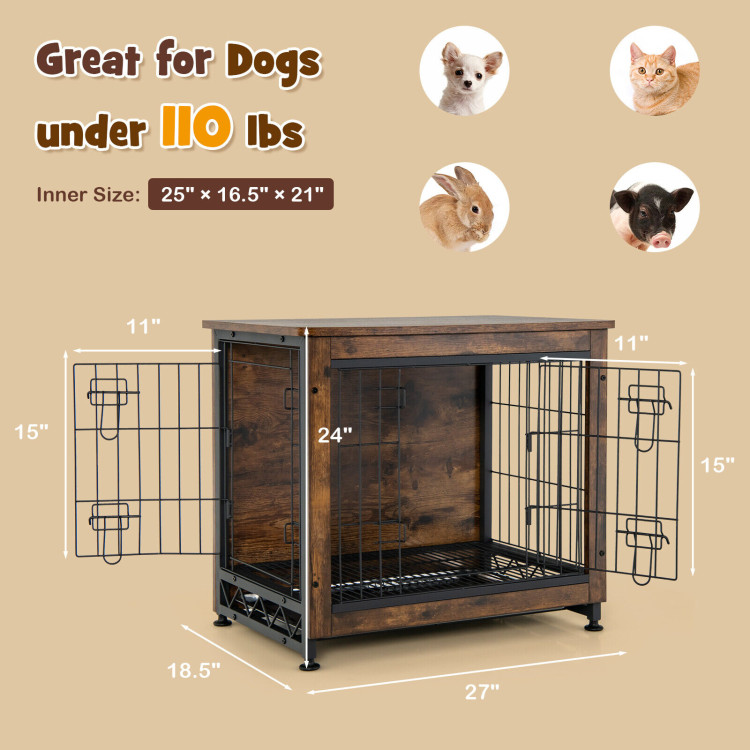 Wooden Dog Crate Furniture with Tray and Double Door-BrownCostway Gallery View 4 of 11