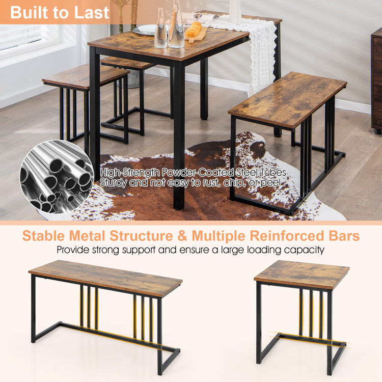 4 Pieces Industrial Dining Table Set with Bench and 2 Stools-BrownCostway Gallery View 2 of 10