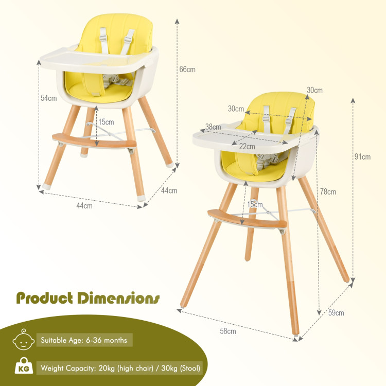 3-in-1 Convertible Wooden High Chair with Cushion-YellowCostway Gallery View 4 of 11