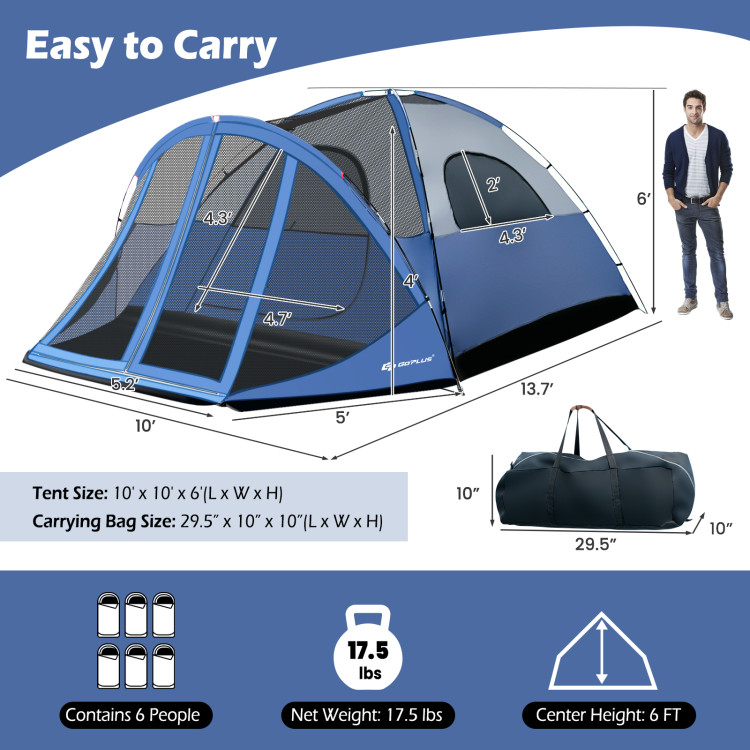6-Person Large Camping Dome Tent with Screen Room Porch and Removable RainflyCostway Gallery View 5 of 12