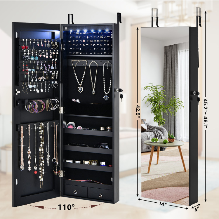 Wall Mounted Full Screen Mirror Jewelry Cabinet Armoire with 6 LEDs -  Costway