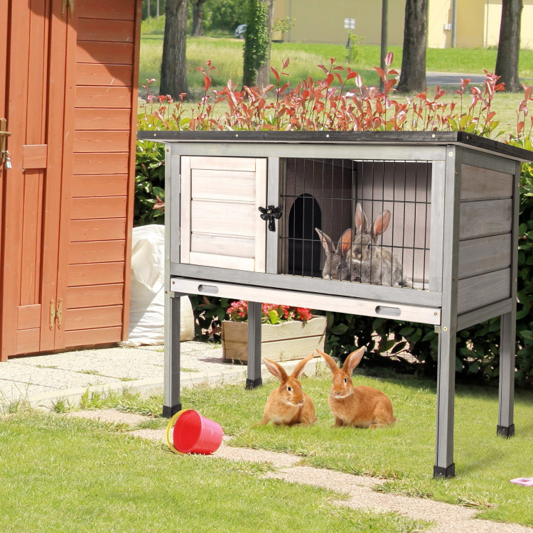 Small Elevated Rabbit Hutch with Hinged Asphalt Roof and Removable TrayCostway Gallery View 2 of 10