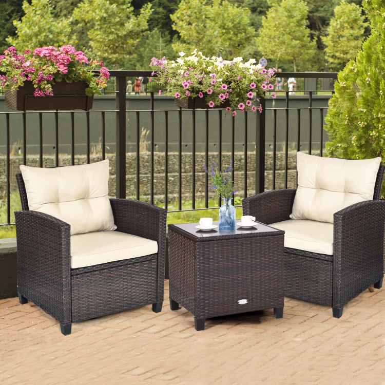 3 Pcs Patio Rattan Furniture Set Cushioned Conversation Set Coffee Table-BeigeCostway Gallery View 5 of 9