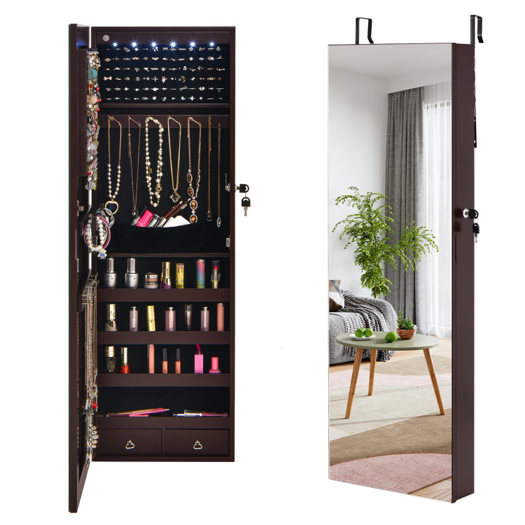 Wall Mounted Full Screen Mirror Jewelry Cabinet Armoire wirth 6 LEDs-BrownCostway Gallery View 3 of 10