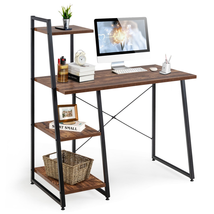 Compact Computer Desk Workstation with 4 Tier Shelves for Home and Office-BrownCostway Gallery View 3 of 12