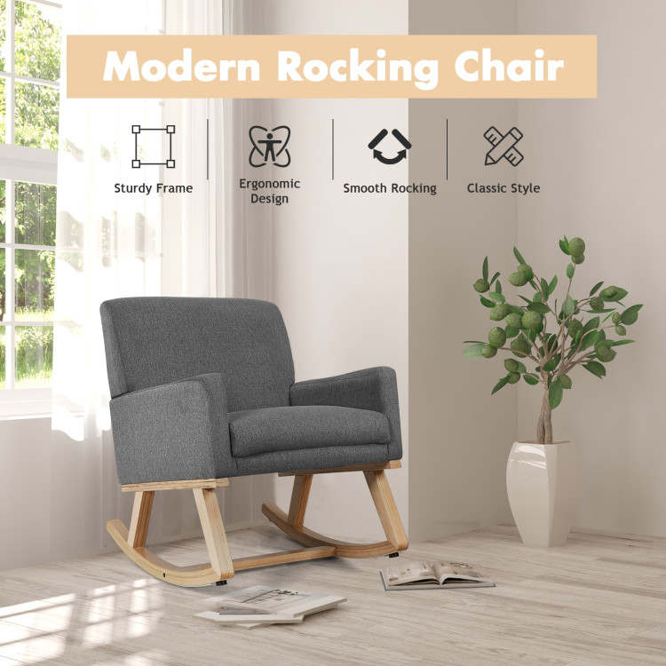 Upholstered Rocking Chair with and Solid Wood Base-GrayCostway Gallery View 3 of 12