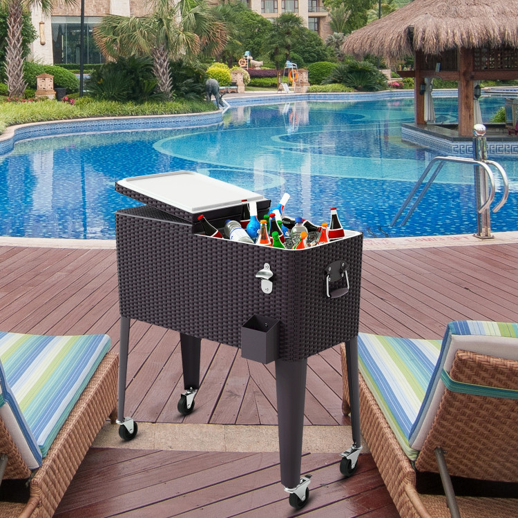 80QT Outdoor Party Portable Rattan Rolling Cooler CartCostway Gallery View 2 of 12