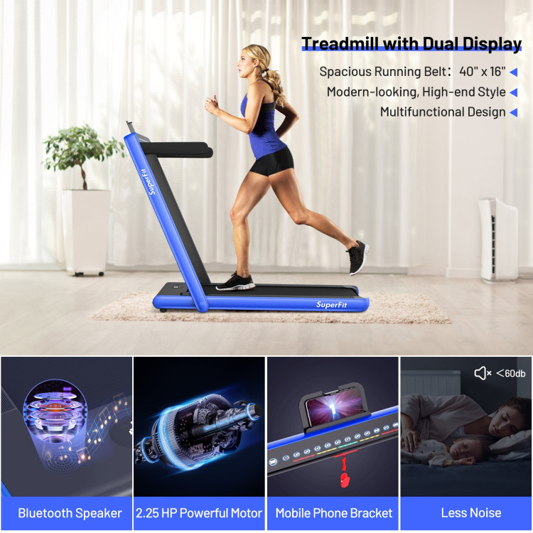 2-in-1 Electric Motorized Health and Fitness Folding Treadmill with Dual Display-BlueCostway Gallery View 6 of 11