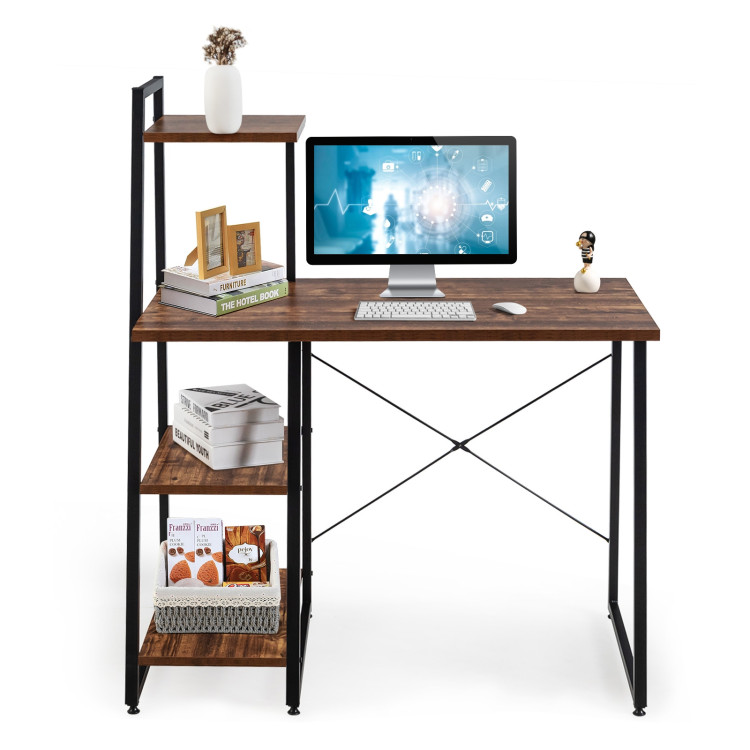 Compact Computer Desk Workstation with 4 Tier Shelves for Home and Office-BrownCostway Gallery View 9 of 12