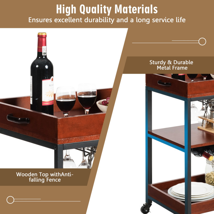 3 Tiers Kitchen Island Serving Bar Cart with Glasses Holder and Wine Bottle RackCostway Gallery View 9 of 11
