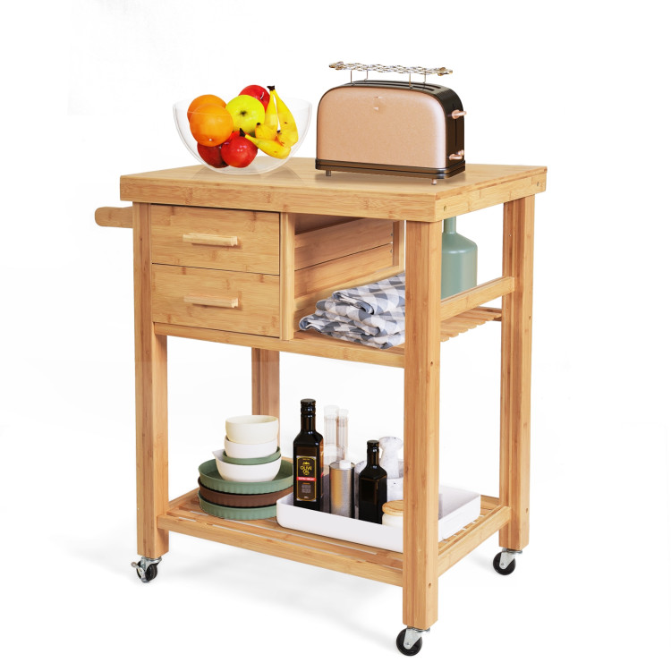 Bamboo Kitchen Trolley Cart with Tower Rack and DrawersCostway Gallery View 8 of 10