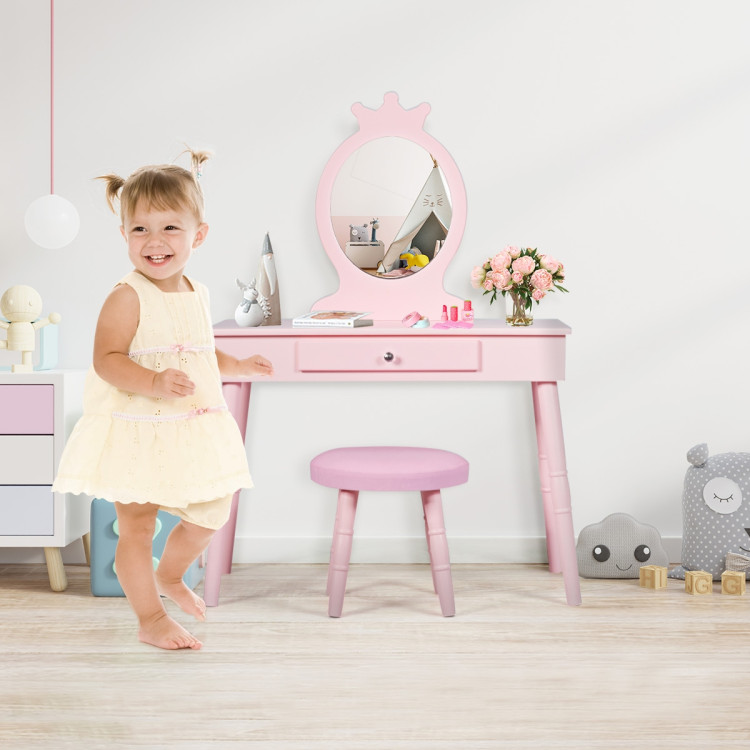 Kids Vanity Makeup Table and Chair Set Make Up StoolCostway Gallery View 9 of 12