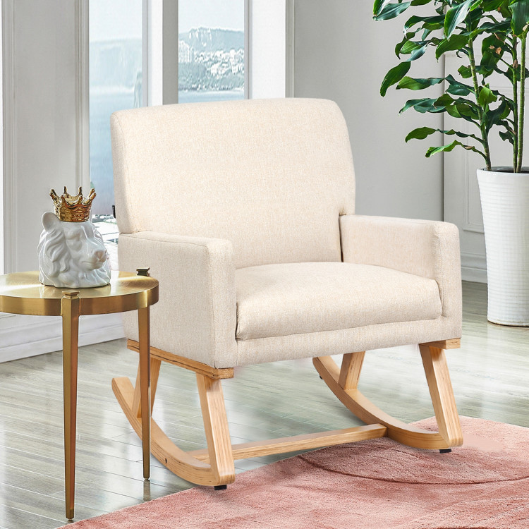 Upholstered Rocking Chair with and Solid Wood Base-BeigeCostway Gallery View 2 of 12