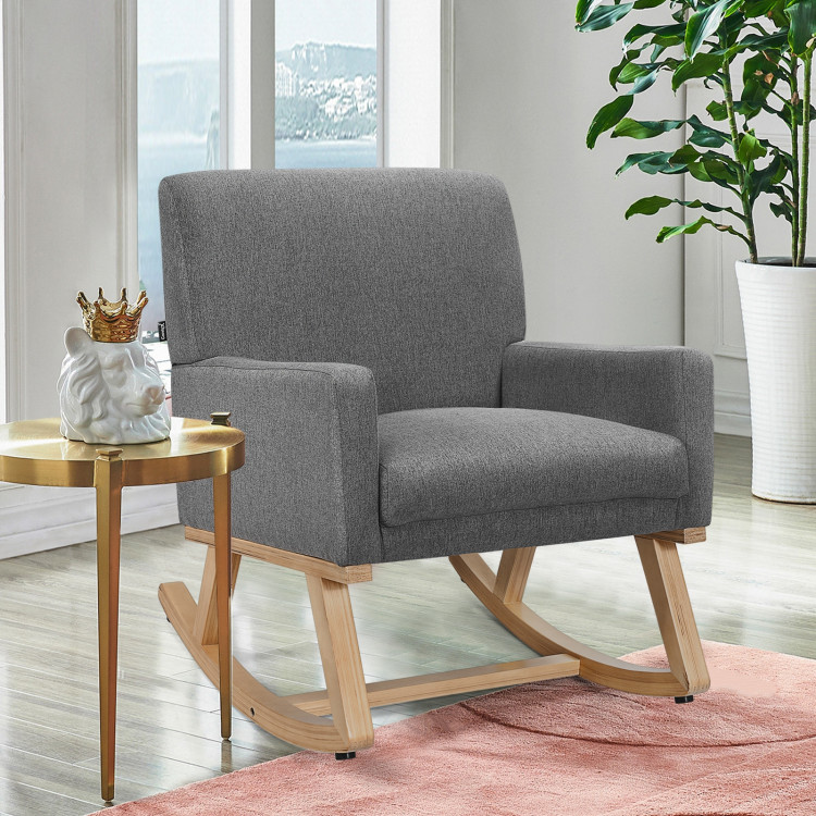 Upholstered Rocking Chair with and Solid Wood Base-GrayCostway Gallery View 2 of 12