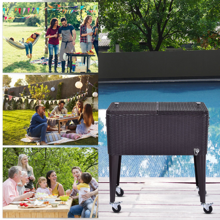 80QT Outdoor Party Portable Rattan Rolling Cooler CartCostway Gallery View 10 of 12