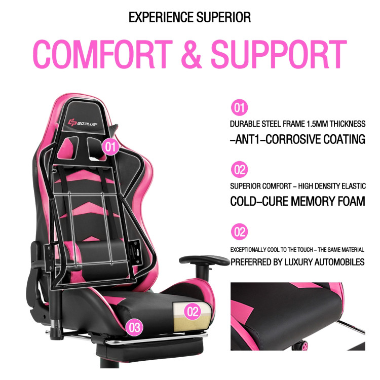 Massage Gaming Chair with Footrest-PinkCostway Gallery View 10 of 13