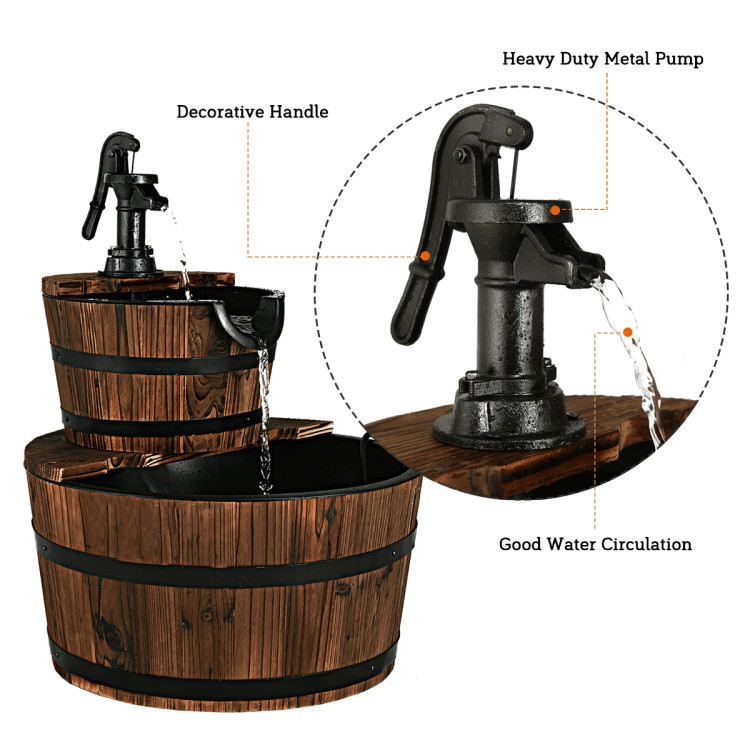 2 Tiers Outdoor Wooden Barrel Waterfall Fountain with PumpCostway Gallery View 6 of 10