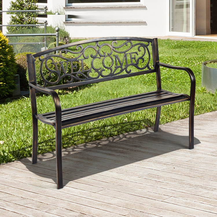 Outdoor Furniture Steel Frame Porch Garden Bench-bronzeCostway Gallery View 6 of 9