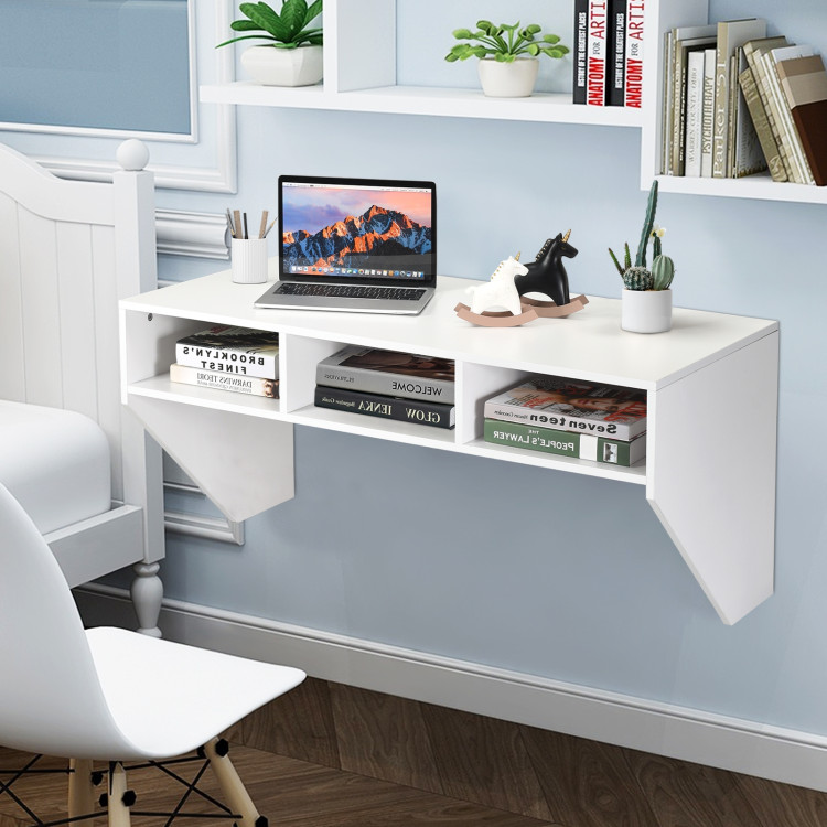 Wall Mounted Floating Computer Table Desk with Storage Shelve - Costway