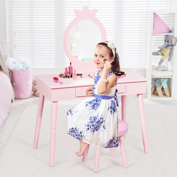 Kids Vanity Makeup Table and Chair Set Make Up StoolCostway Gallery View 8 of 12