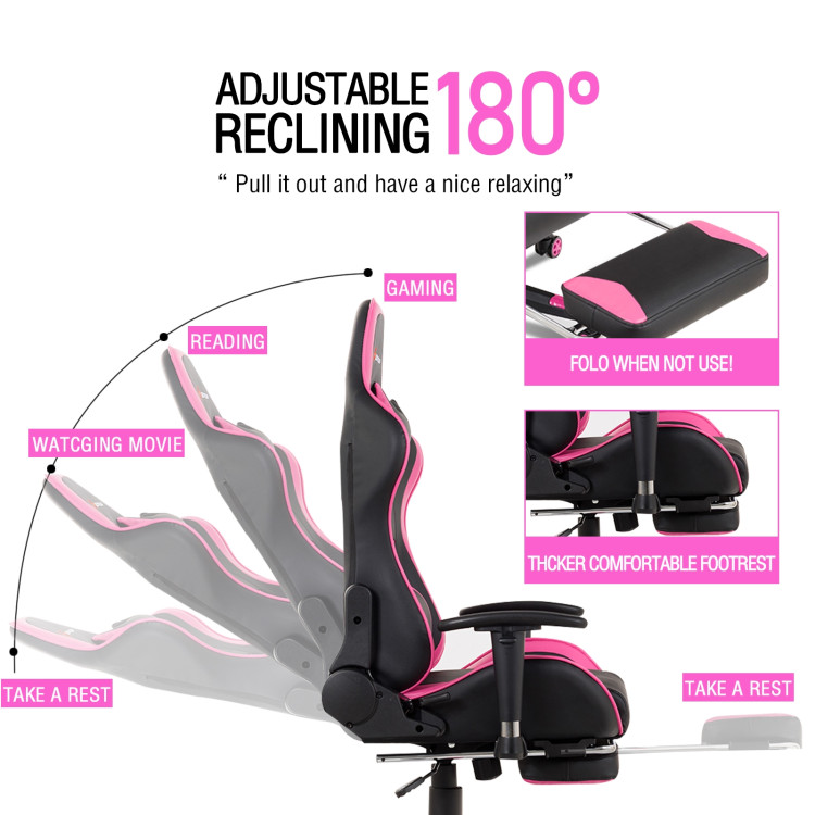 Massage Gaming Chair with Footrest-PinkCostway Gallery View 5 of 13
