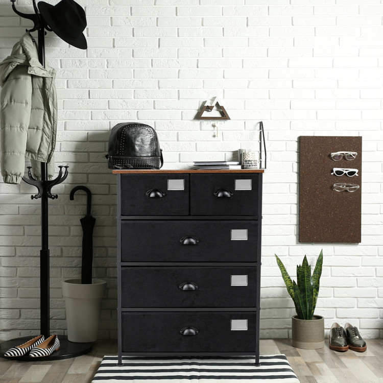 5-Drawer Storage Dresser with Labels and Removable Fabric Bins-BlackCostway Gallery View 6 of 11