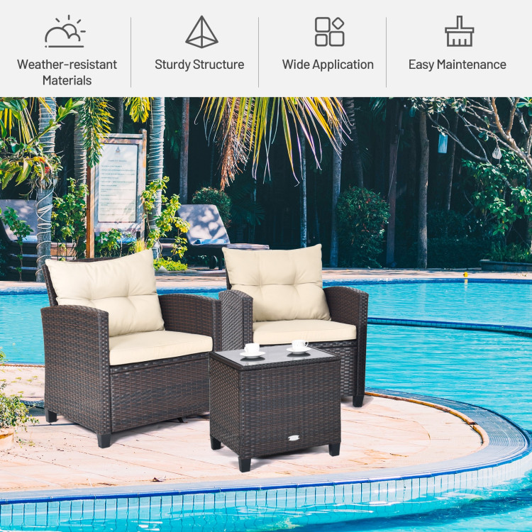 3 Pcs Patio Rattan Furniture Set Cushioned Conversation Set Coffee Table-BeigeCostway Gallery View 4 of 9
