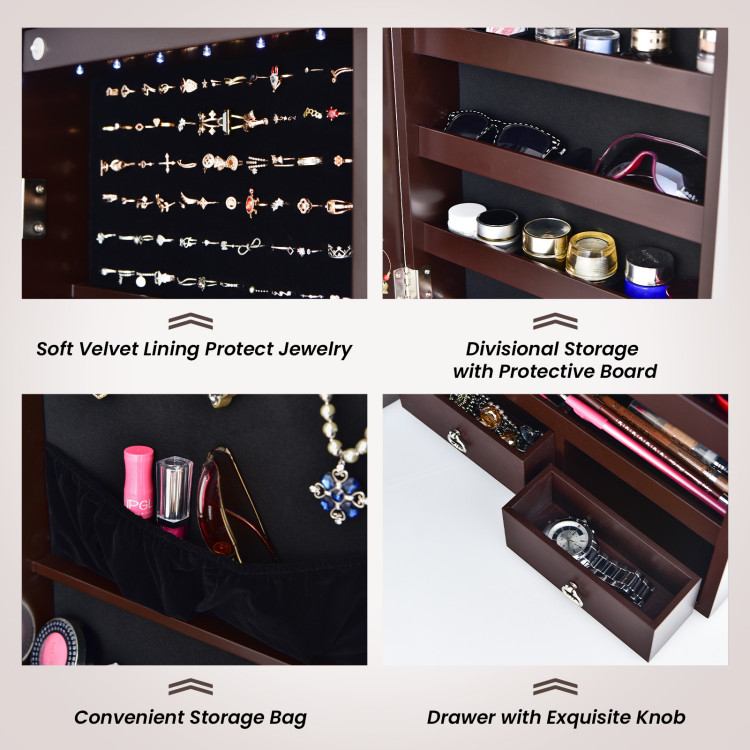 Wall Mounted Full Screen Mirror Jewelry Cabinet Armoire wirth 6 LEDs-BrownCostway Gallery View 10 of 10